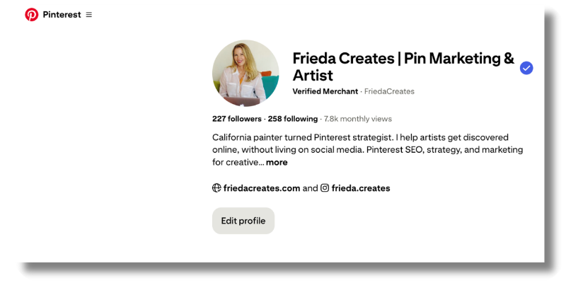 Frieda Creates Pinterest business profile showing Verified Merchant status, keyword-rich bio, and monthly views