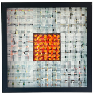 Original abstract watercolor painting with a grey woven field and glowing orange center, framed in black.
