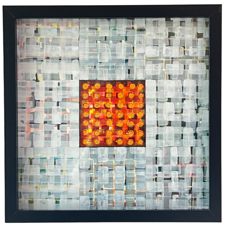 Original abstract watercolor painting with a grey woven field and glowing orange center, framed in black.