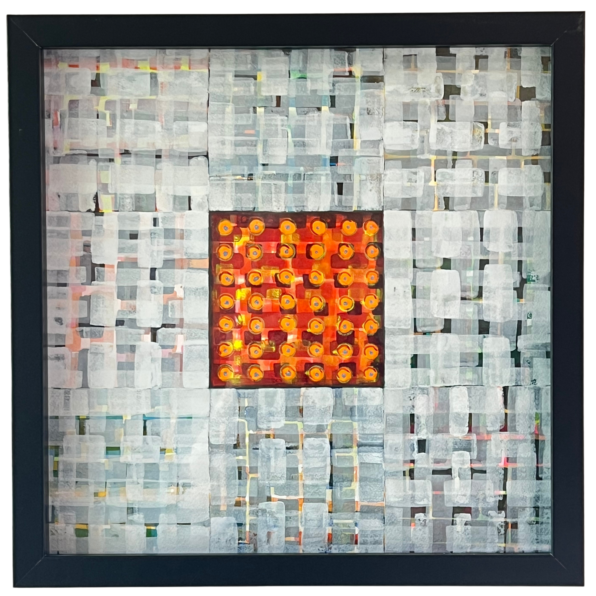 Original abstract watercolor painting with a grey woven field and glowing orange center, framed in black.