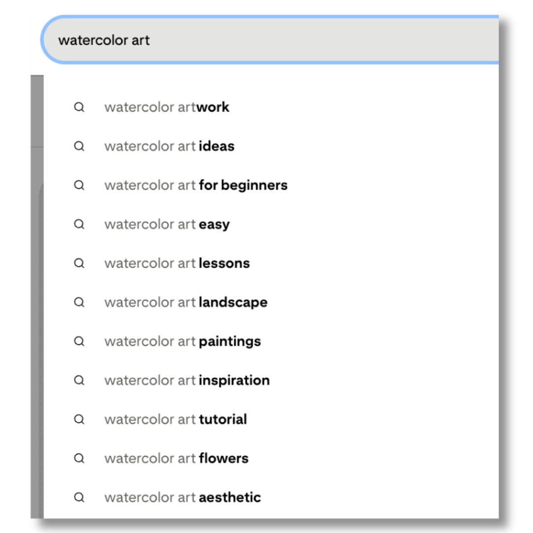 Pinterest search autocomplete showing keyword suggestions for watercolor art, how artists find keywords on Pinterest