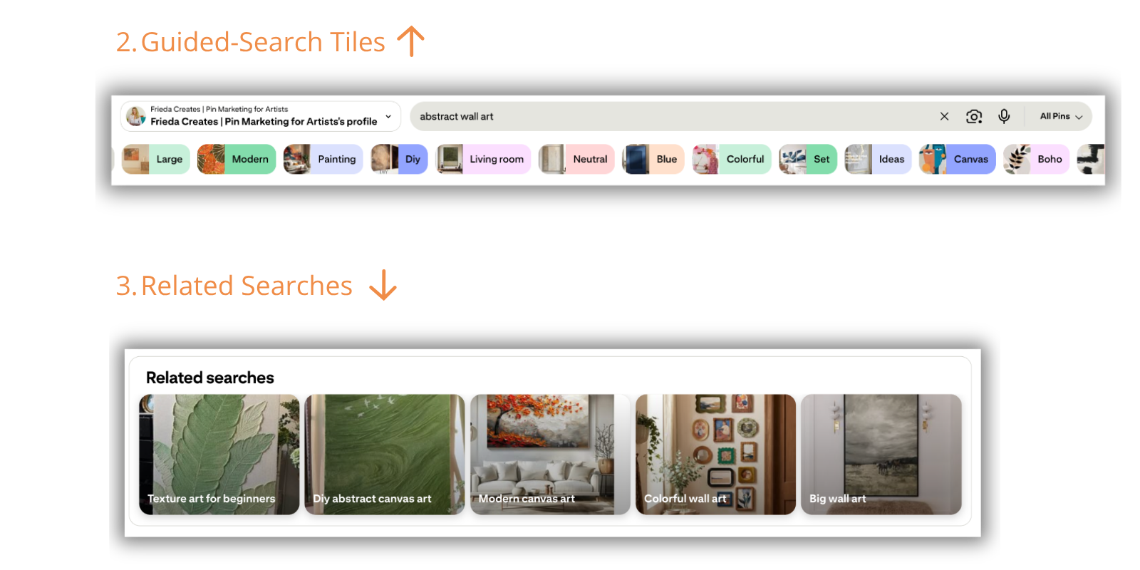 Pinterest guided-search tiles and related searches for ‘abstract wall art’ — two ways artists find keywords.