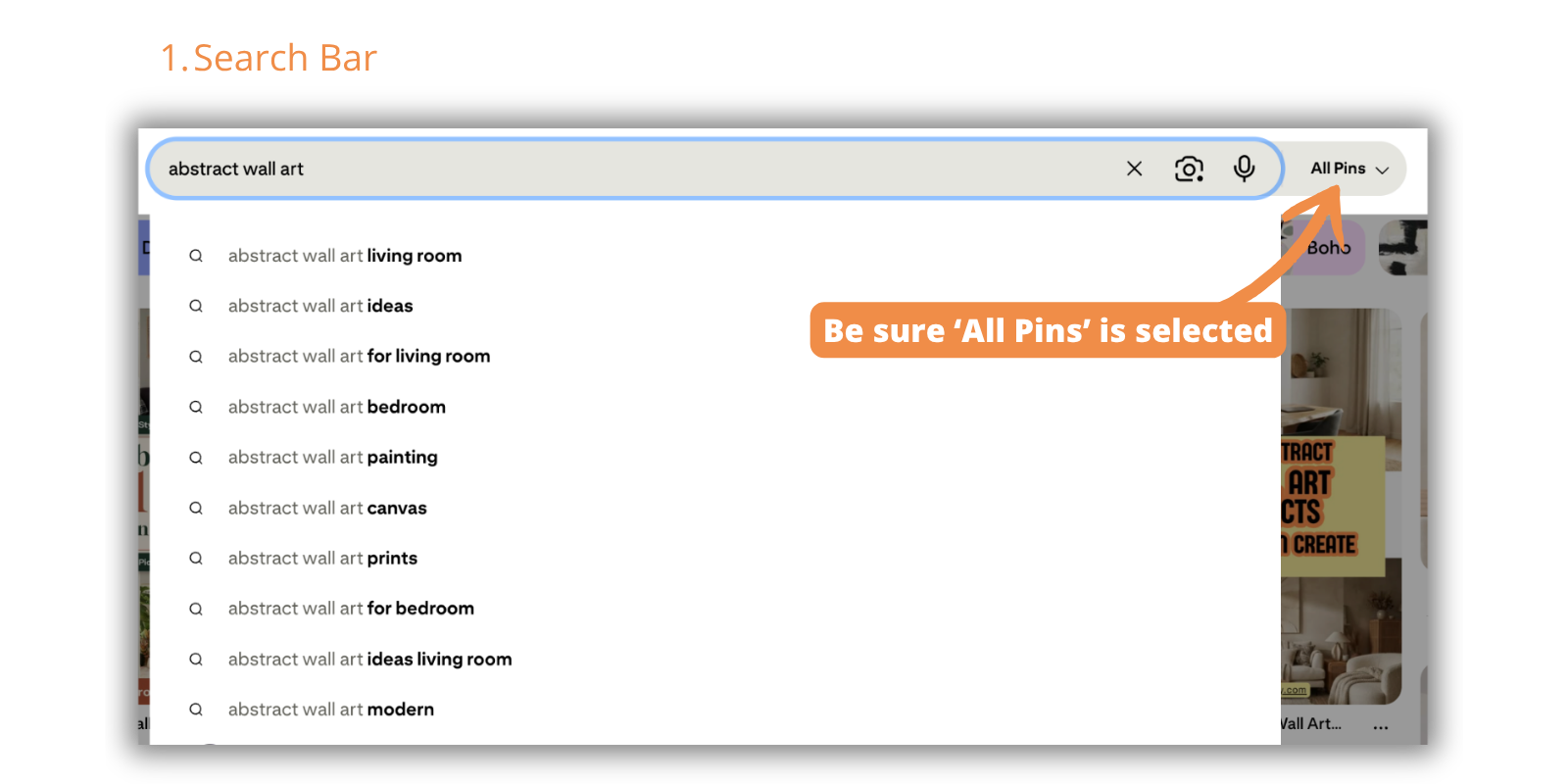Pinterest search bar showing ‘abstract wall art’ keyword autocomplete suggestions, with ‘All Pins’ selected.